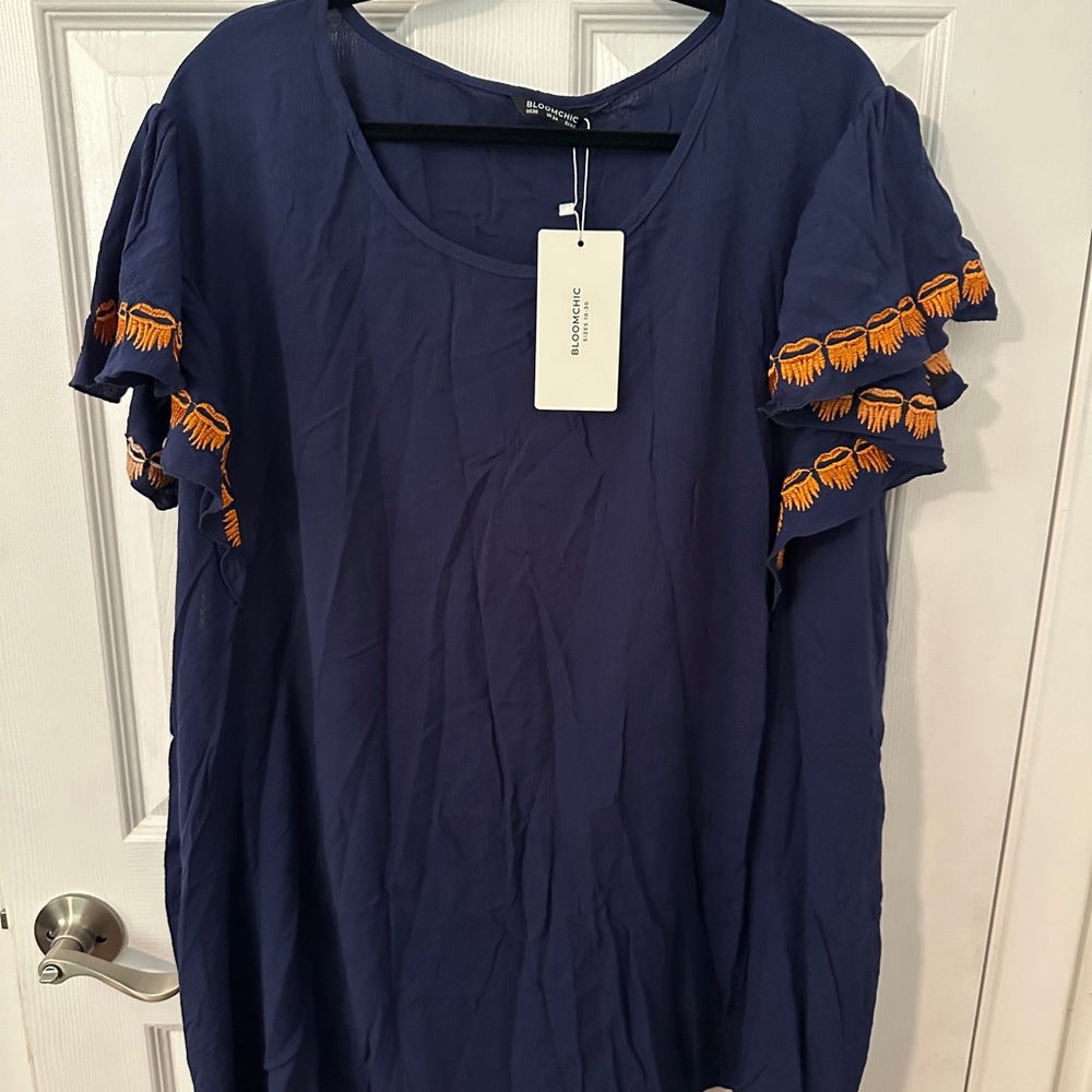 BloomChic Navy Blouse with Orange Details